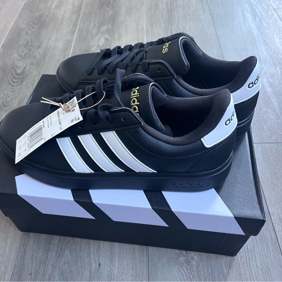 Adidas Women’s Grand Court 2.0 Black Sneakers with White Stripes 8 - Picture 3 of 8